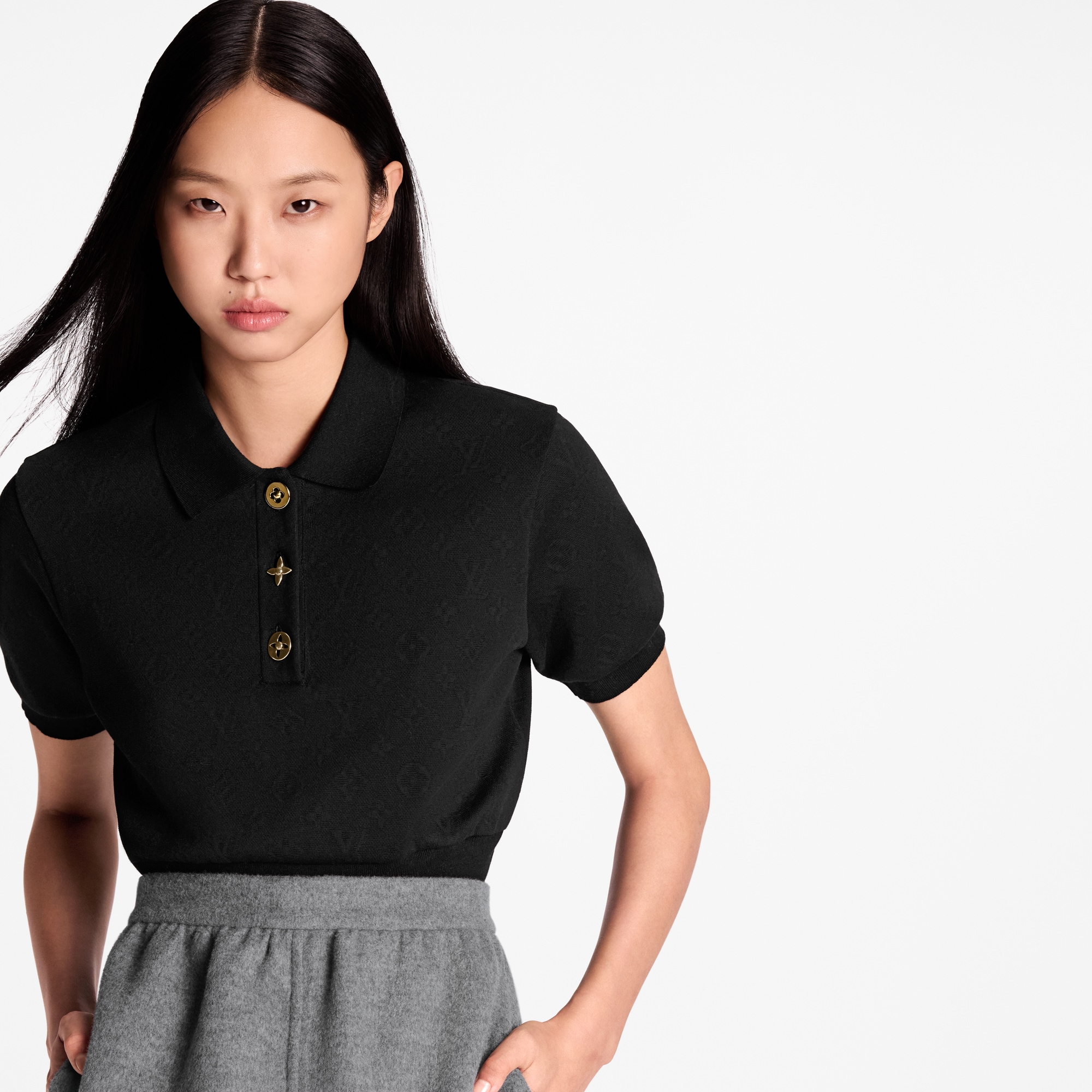 Camiseta tipo polo cropped con motivo Monogram y botones  Mujer Prêt-à-Porter Tops | LOUIS VUITTON (Zoom de producto)