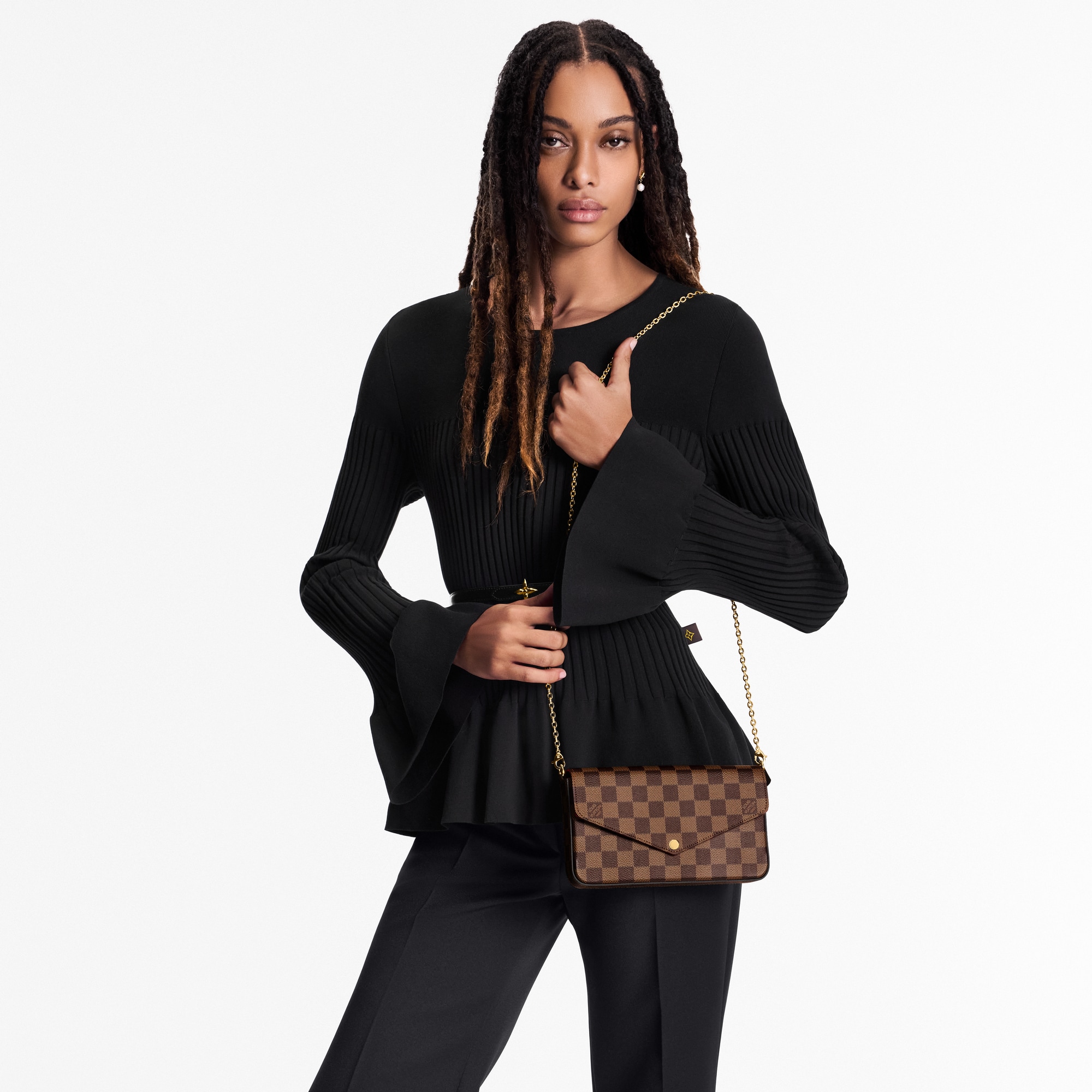 Cartera de mano Félicie Lona Damier Ebène Mujer Carteras y pequeña marroquinería Carteras con cadena y mini bolsos | LOUIS VUITTON (Zoom de producto)
