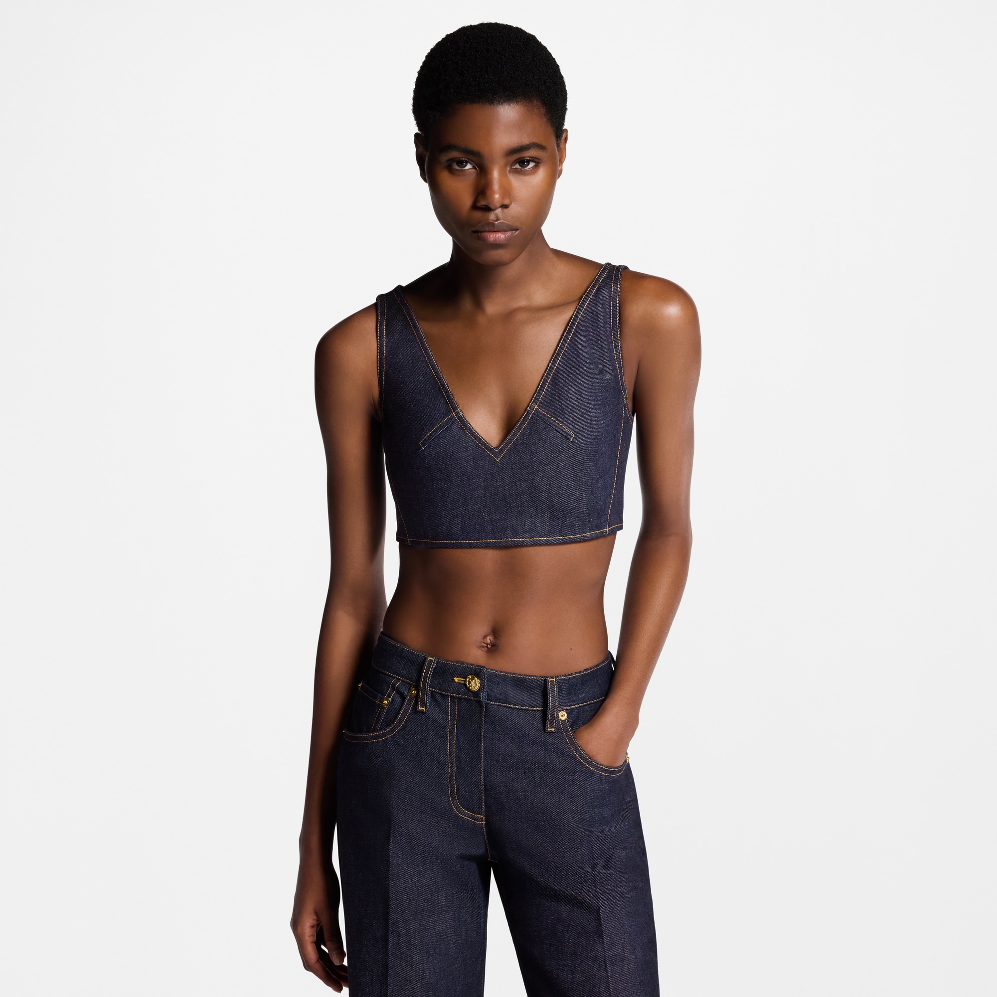 Crop top vaquero con cuello de pico  Mujer Prêt-à-Porter Tops | LOUIS VUITTON (Zoom de producto)