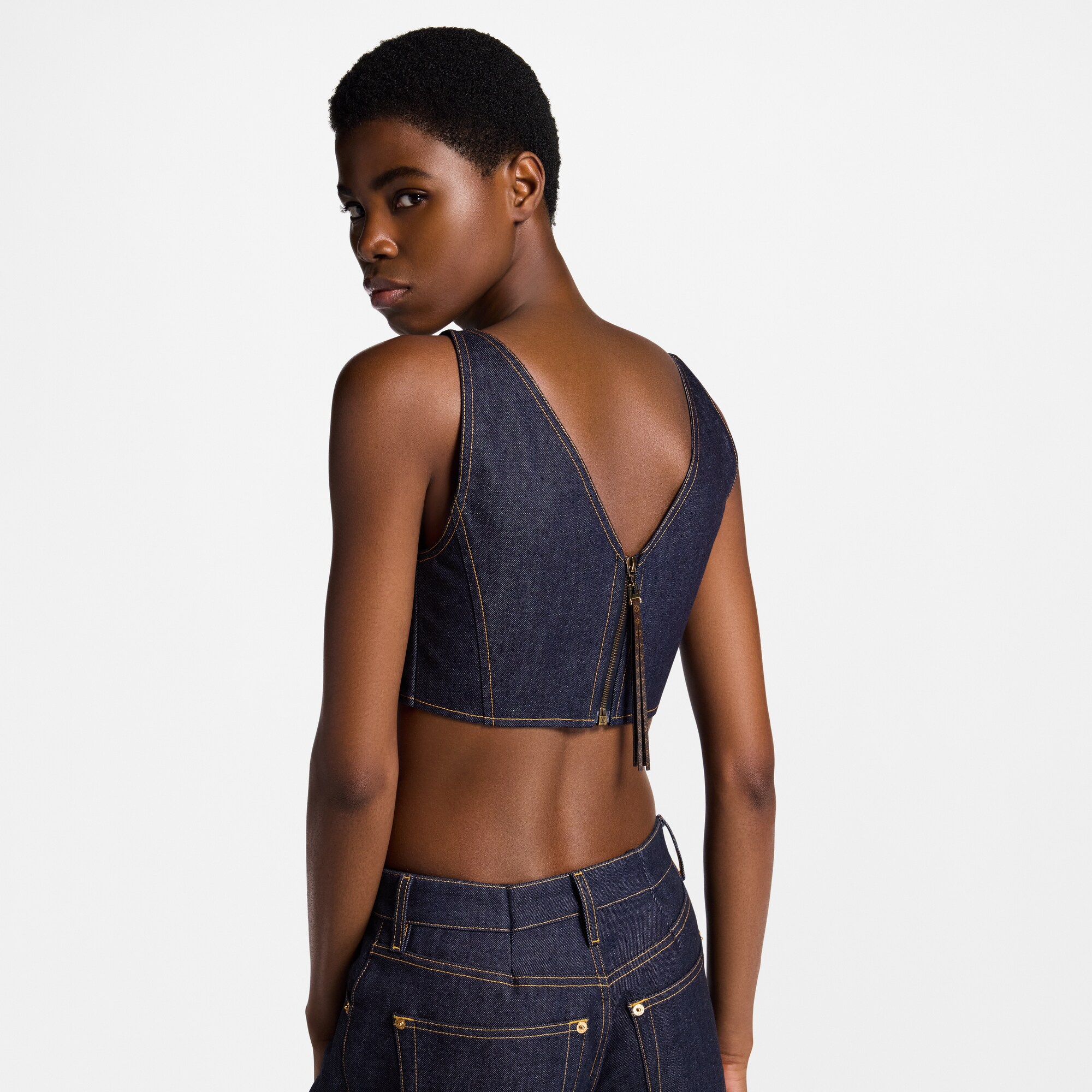 Crop top vaquero con cuello de pico  Mujer Prêt-à-Porter Tops | LOUIS VUITTON (Zoom de producto)
