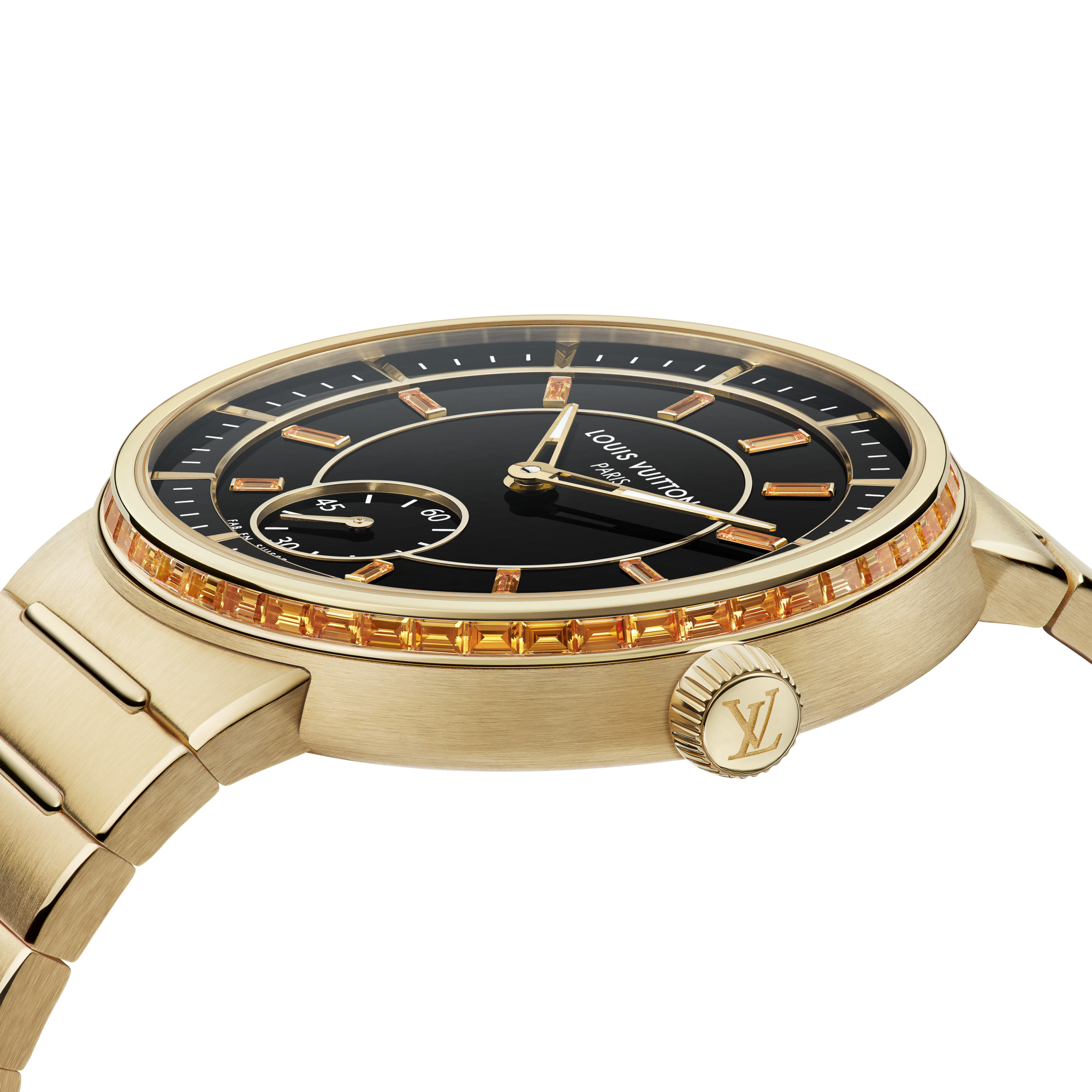 Reloj automático Tambour de 40 mm de oro amarillo, ónix y zafiros  Relojería Todos los relojes } | LOUIS VUITTON (Zoom de producto)