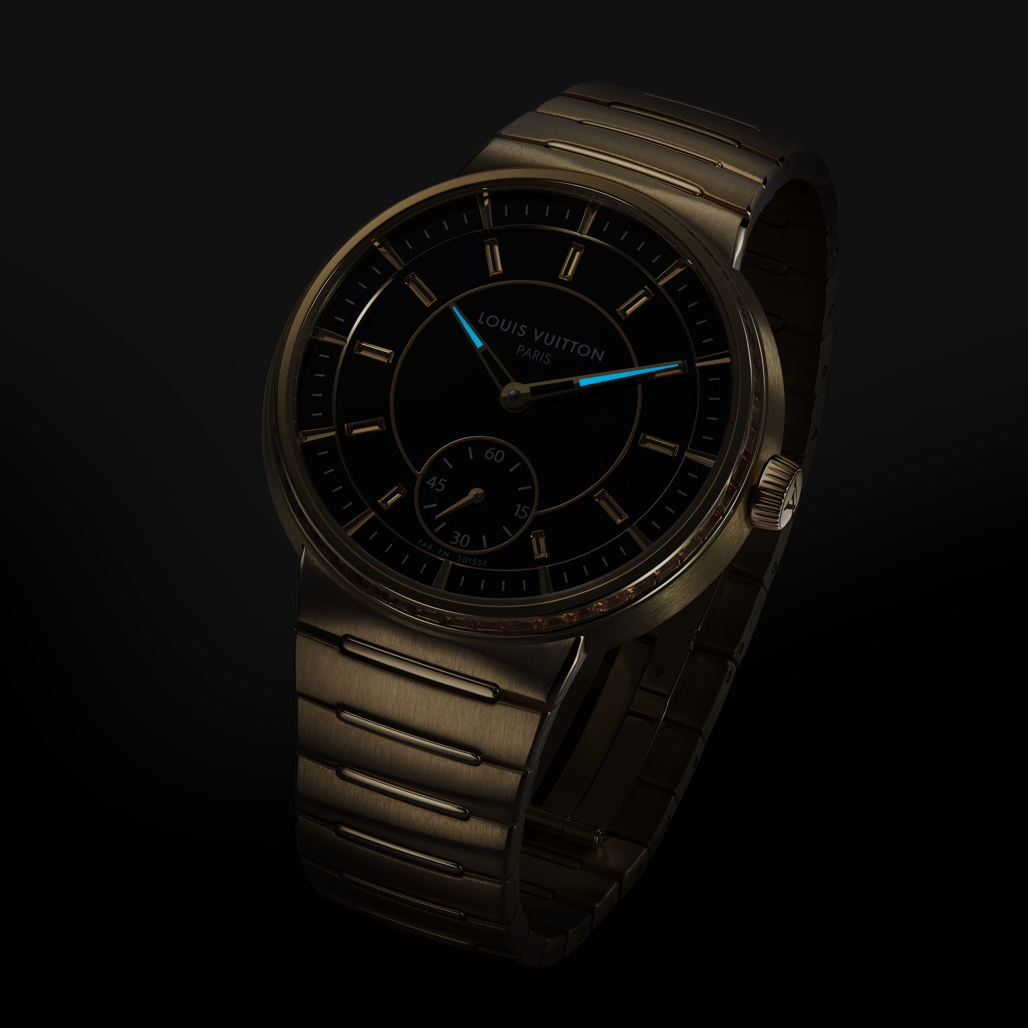 Reloj automático Tambour de 40 mm de oro amarillo, ónix y zafiros  Relojería Todos los relojes } | LOUIS VUITTON (Zoom de producto)