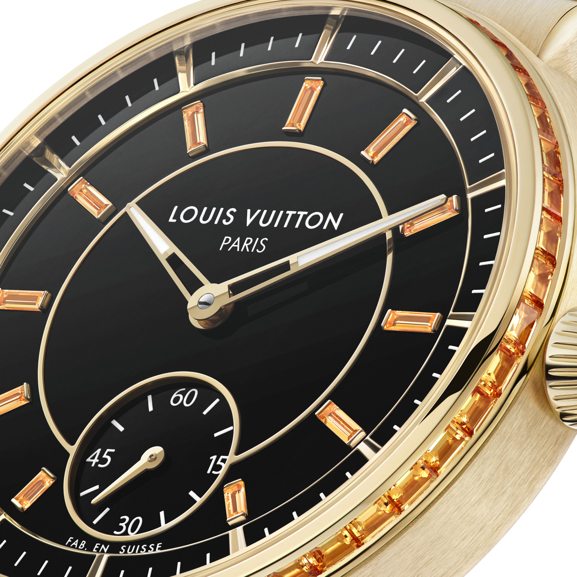 Reloj automático Tambour de 40 mm de oro amarillo, ónix y zafiros  Relojería Todos los relojes } | LOUIS VUITTON (Zoom de producto)