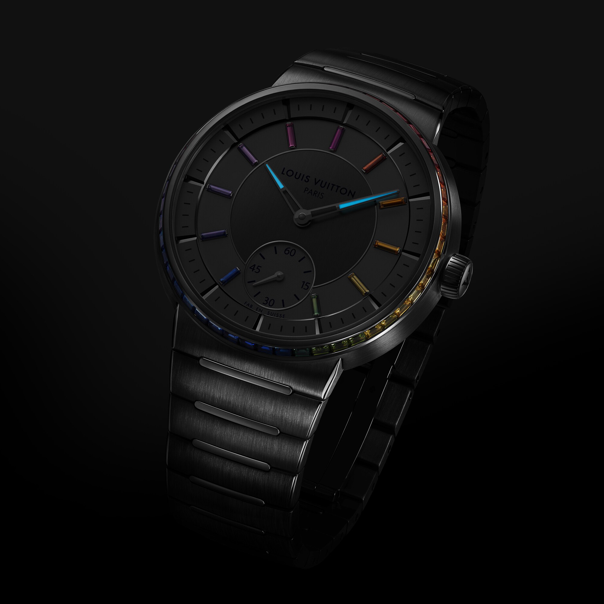 Reloj automático Tambour de 40 mm de platino, zafiros y rubíes  Relojería Todos los relojes } | LOUIS VUITTON (Zoom de producto)