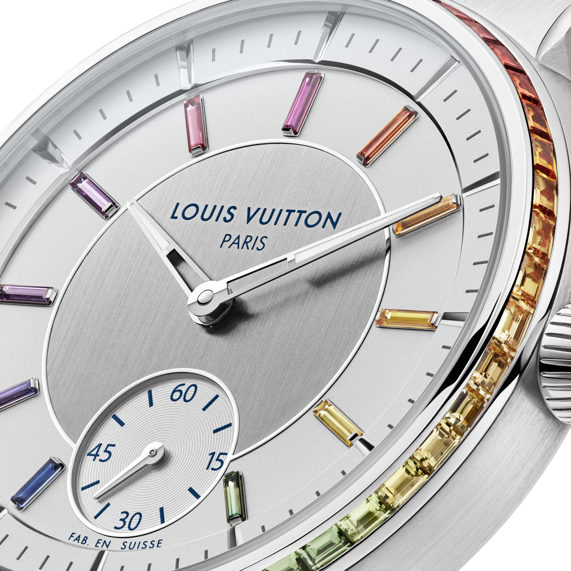 Reloj automático Tambour de 40 mm de platino, zafiros y rubíes  Relojería Todos los relojes } | LOUIS VUITTON (Zoom de producto)