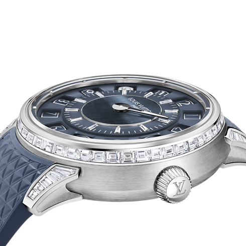 Reloj automático Tambour Spin Time de 39,5 mm en oro blanco, ojo de halcón y diamantes Relojería Todos los relojes } | LOUIS VUITTON (Zoom de producto)