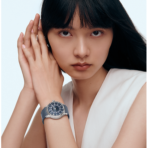 Reloj automático Tambour Spin Time de 39,5 mm en oro blanco, ojo de halcón y diamantes Relojería Todos los relojes } | LOUIS VUITTON (Zoom de producto)