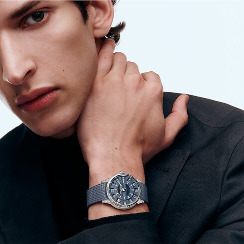 Reloj automático Tambour Spin Time de 39,5 mm en oro blanco, ojo de halcón y diamantes Relojería Todos los relojes } | LOUIS VUITTON (Zoom de producto)