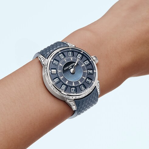 Reloj automático Tambour Spin Time de 39,5 mm en oro blanco, ojo de halcón y diamantes Relojería Todos los relojes } | LOUIS VUITTON (Zoom de producto)