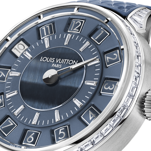 Reloj automático Tambour Spin Time de 39,5 mm en oro blanco, ojo de halcón y diamantes Relojería Todos los relojes } | LOUIS VUITTON (Zoom de producto)
