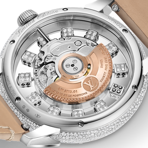 Reloj automático Tambour Spin Time de 42,5 mm en oro blanco, ojo de halcón y diamantes Relojería Todos los relojes } | LOUIS VUITTON (Zoom de producto)