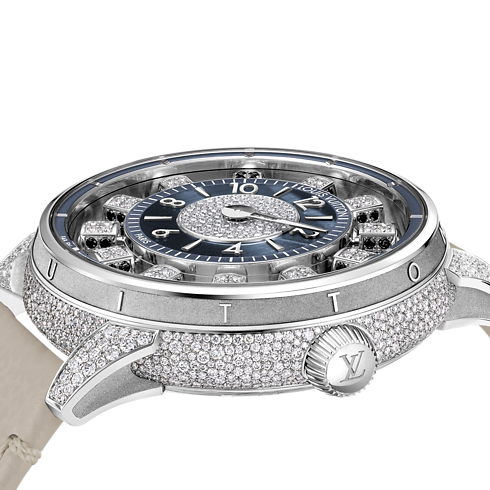 Reloj automático Tambour Spin Time de 42,5 mm en oro blanco, ojo de halcón y diamantes Relojería Todos los relojes } | LOUIS VUITTON (Zoom de producto)
