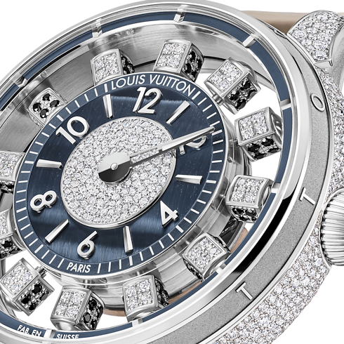 Reloj automático Tambour Spin Time de 42,5 mm en oro blanco, ojo de halcón y diamantes Relojería Todos los relojes } | LOUIS VUITTON (Zoom de producto)