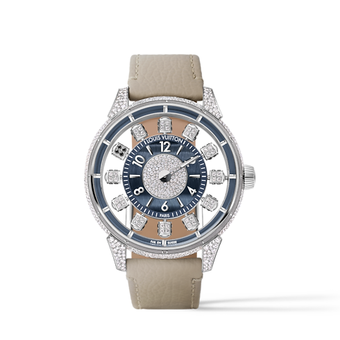 Reloj automático Tambour Spin Time de 42,5 mm en oro blanco, ojo de halcón y diamantes Relojería Todos los relojes } | LOUIS VUITTON (Zoom de producto)