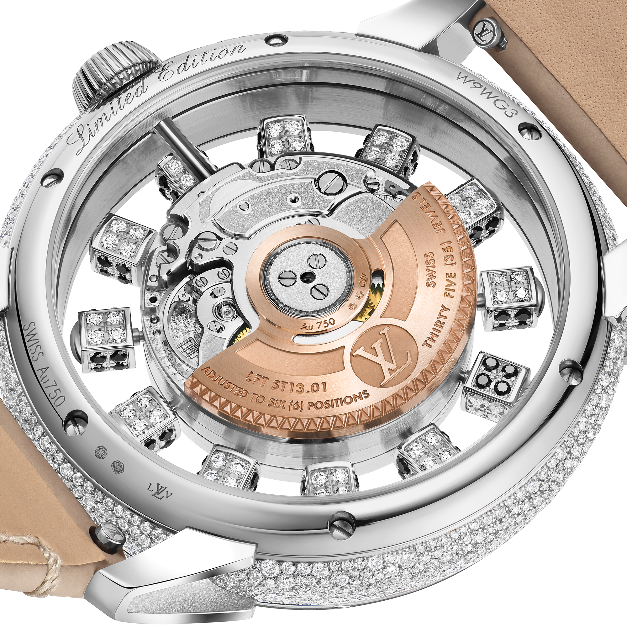 Reloj automático Tambour Taiko Spin Time Air de 42,5 mm en oro blanco, ojo de halcón y diamantes  Relojería Todos los relojes } | LOUIS VUITTON (Zoom de producto)