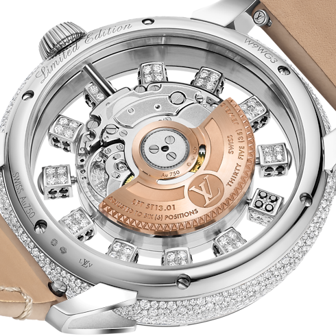 Reloj automático Tambour Taiko Spin Time Air de 42,5 mm en oro blanco, ojo de halcón y diamantes Relojería Todos los relojes } | LOUIS VUITTON (Zoom de producto)