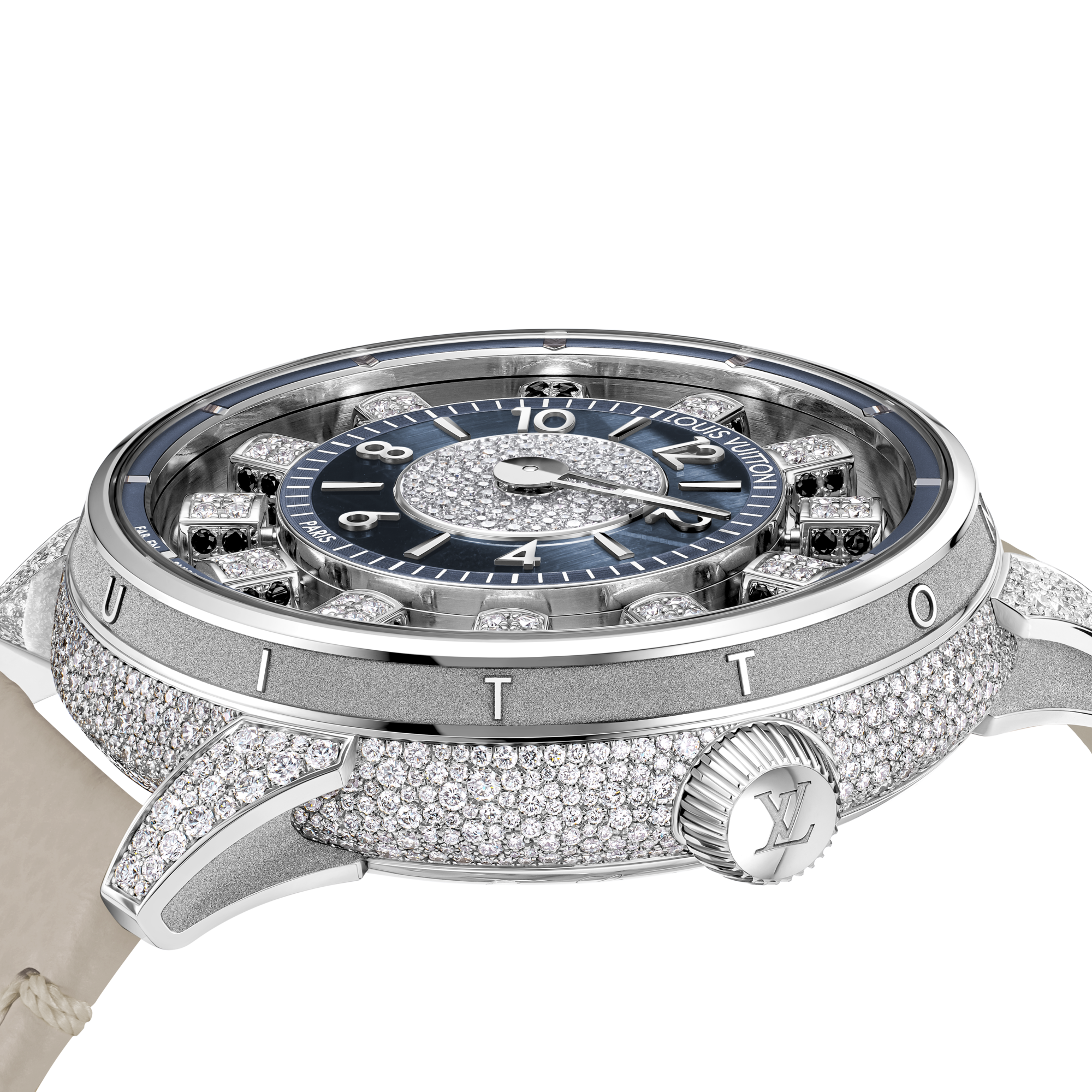 Reloj automático Tambour Taiko Spin Time Air de 42,5 mm en oro blanco, ojo de halcón y diamantes  Relojería Todos los relojes } | LOUIS VUITTON (Zoom de producto)