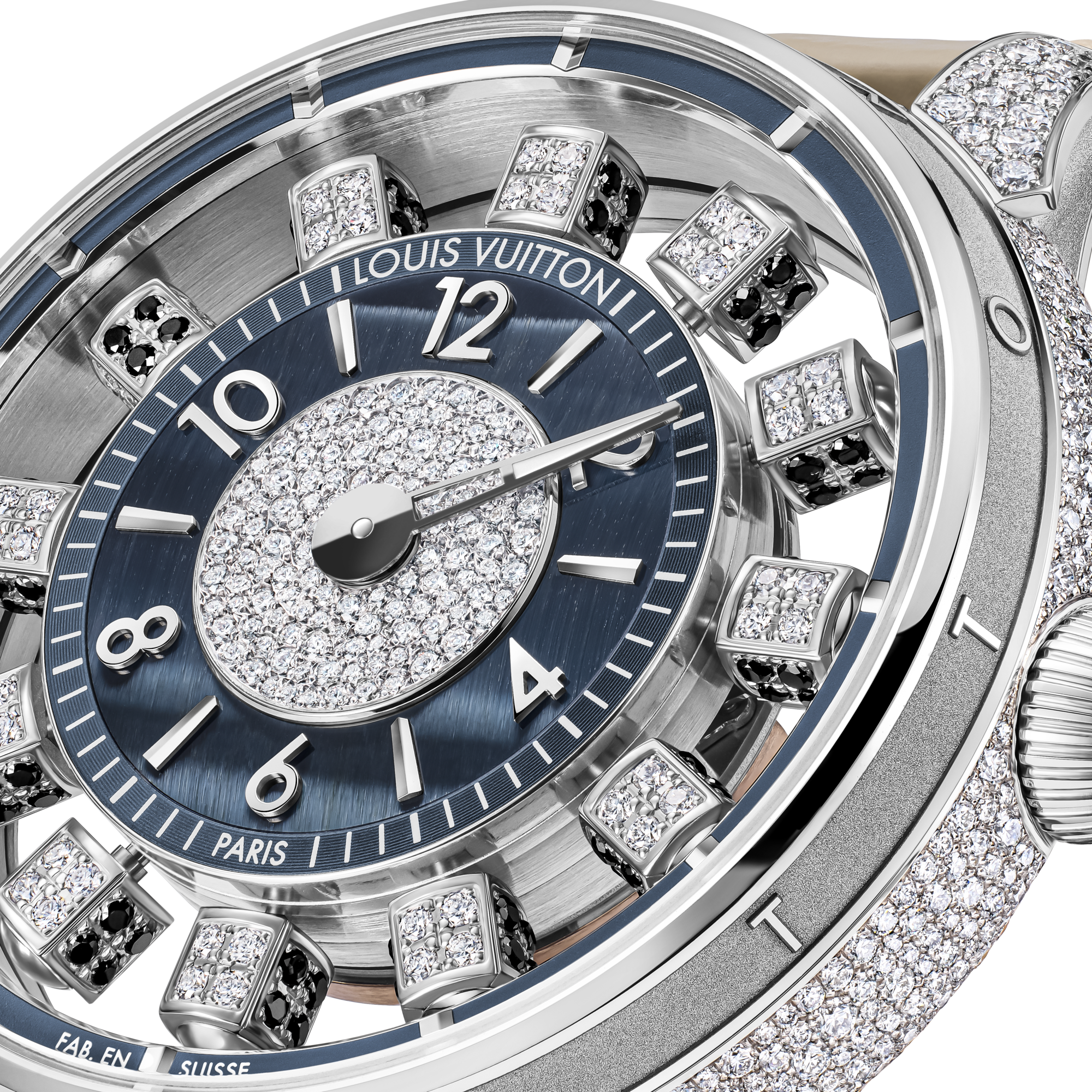 Reloj automático Tambour Taiko Spin Time Air de 42,5 mm en oro blanco, ojo de halcón y diamantes  Relojería Todos los relojes } | LOUIS VUITTON (Zoom de producto)