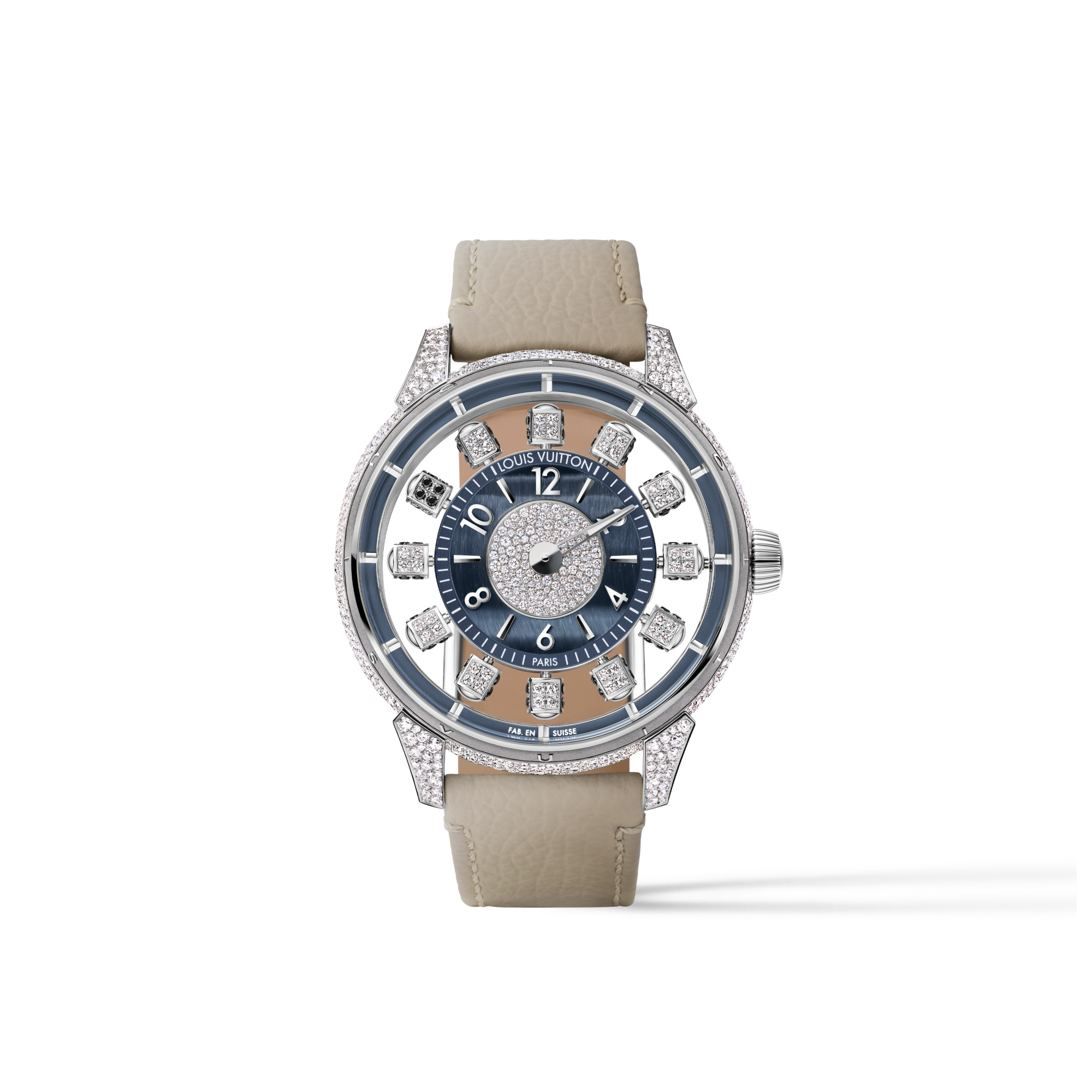 Reloj automático Tambour Taiko Spin Time Air de 42,5 mm en oro blanco, ojo de halcón y diamantes  Relojería Todos los relojes } | LOUIS VUITTON (Zoom de producto)