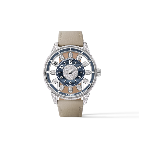 Reloj automático Tambour Taiko Spin Time Air de 42,5 mm en oro blanco, ojo de halcón y diamantes Relojería Todos los relojes } | LOUIS VUITTON (Zoom de producto)