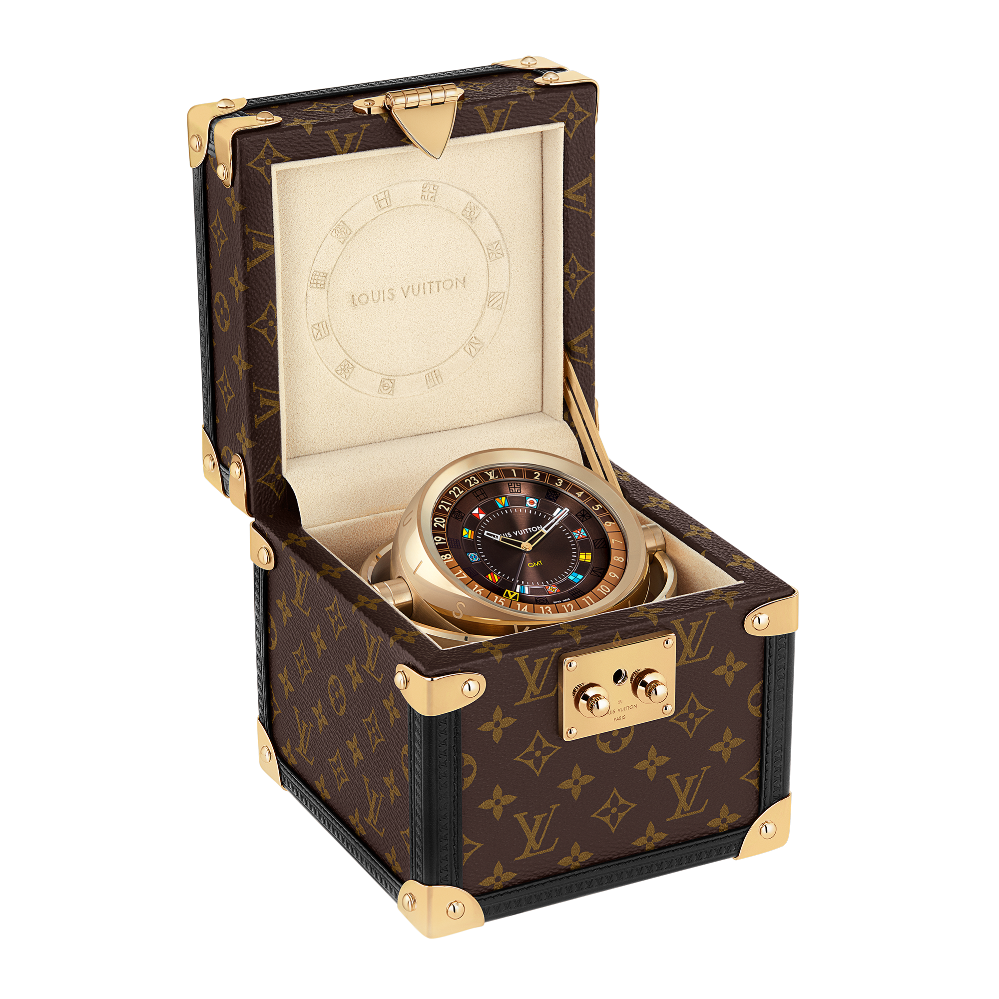 Reloj de mesa Trunk, cuarzo, 80 mm, acero, Monogram  Relojería Todos los relojes } | LOUIS VUITTON (Zoom de producto)
