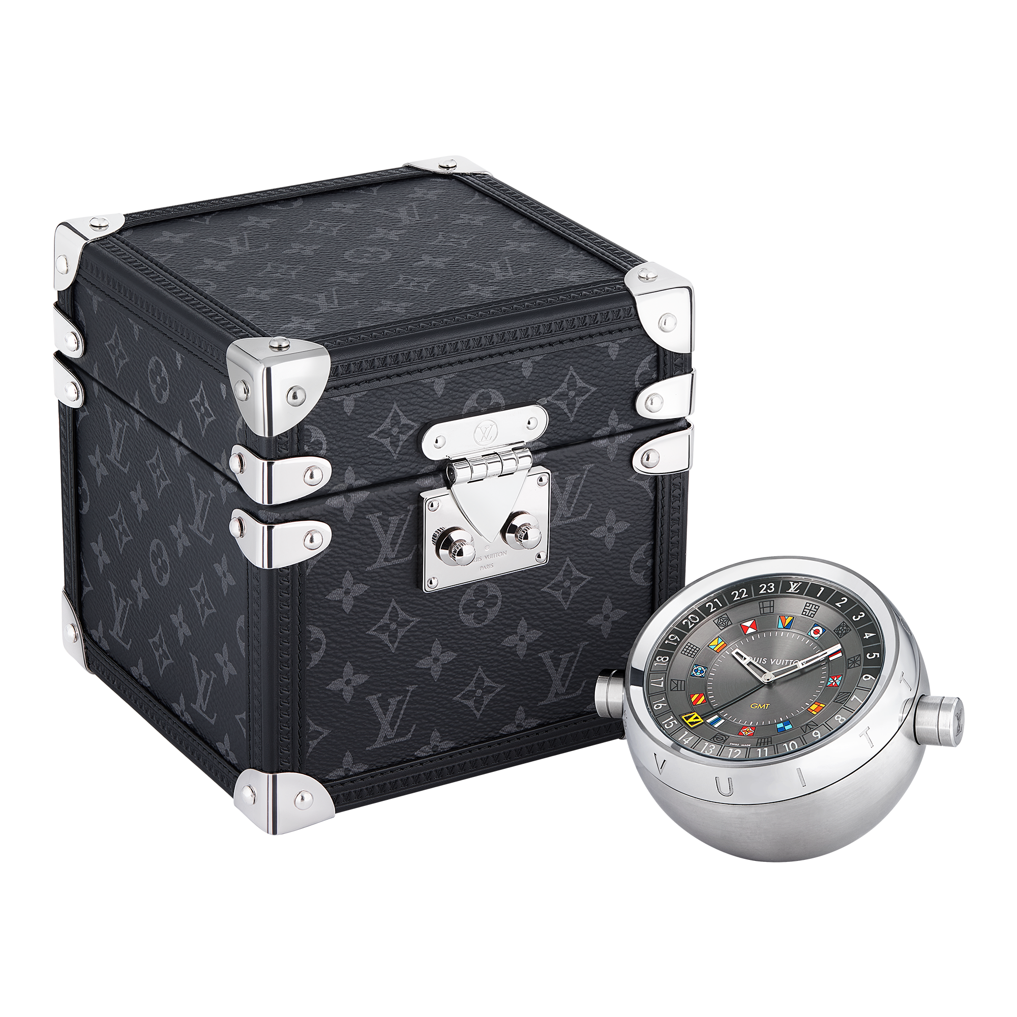 Reloj de mesa Trunk, cuarzo, 80 mm, acero, Monogram Eclipse  Relojería Todos los relojes } | LOUIS VUITTON (Zoom de producto)