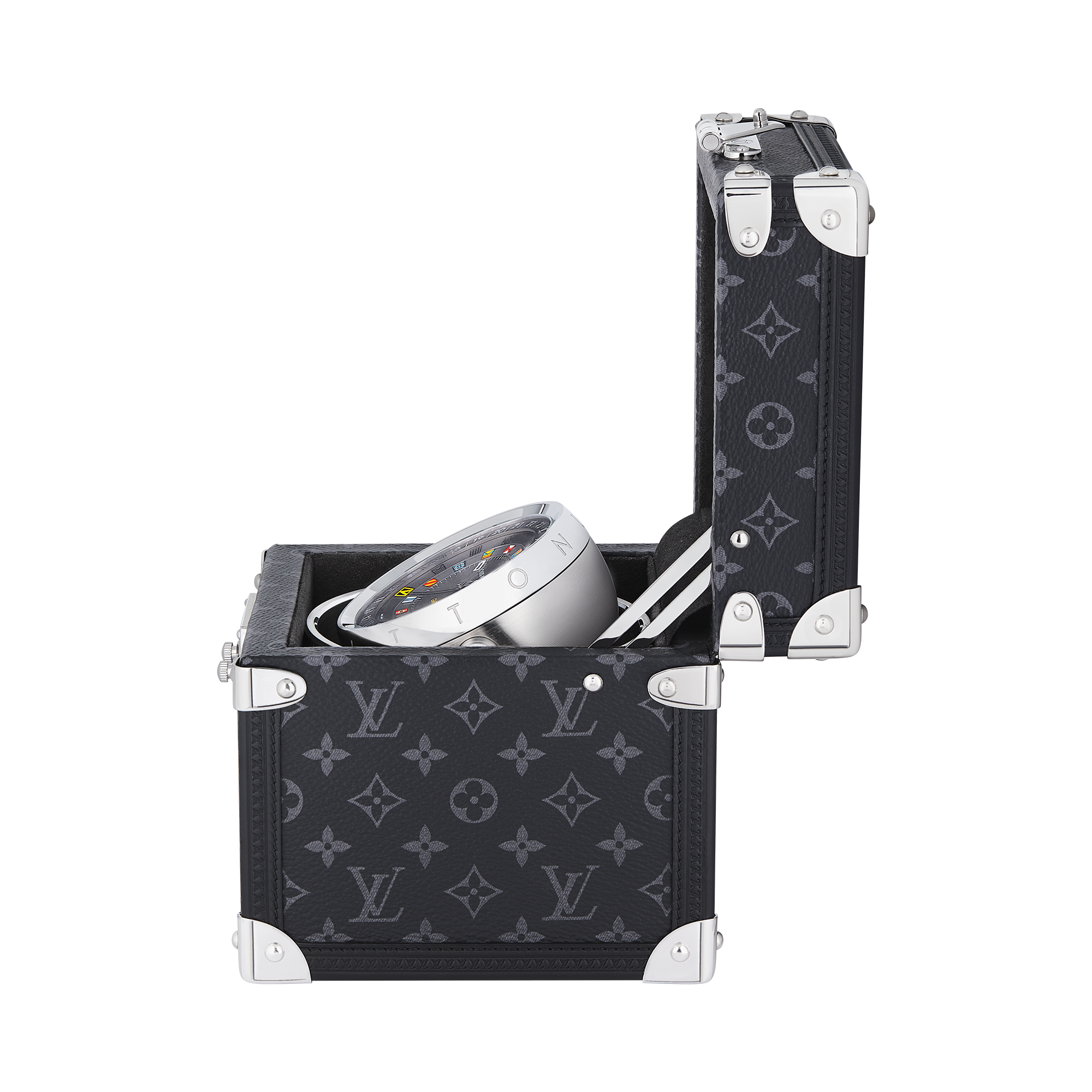 Reloj de mesa Trunk, cuarzo, 80 mm, acero, Monogram Eclipse  Relojería Todos los relojes } | LOUIS VUITTON (Zoom de producto)