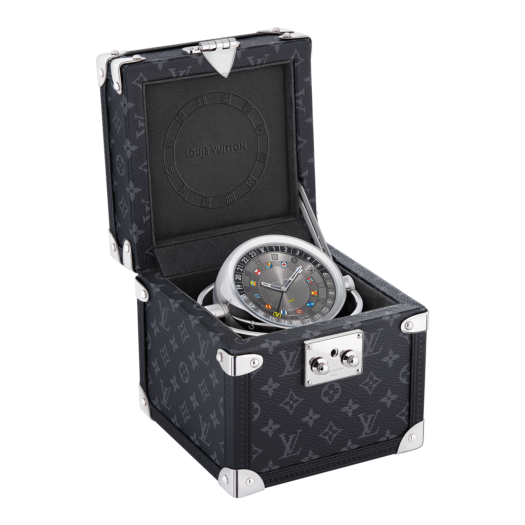 Reloj de mesa Trunk, cuarzo, 80 mm, acero, Monogram Eclipse  Relojería Todos los relojes } | LOUIS VUITTON (Zoom de producto)